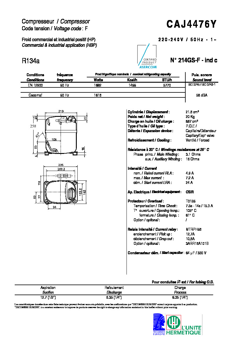 Технические характеристики и размеры компрессора Tecumseh CAJ4476Y