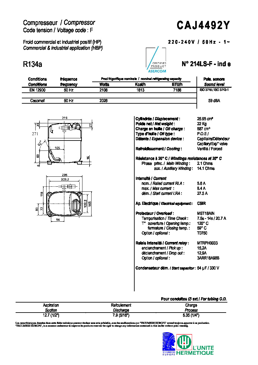 Технические характеристики и размеры компрессора Tecumseh CAJ4492Y