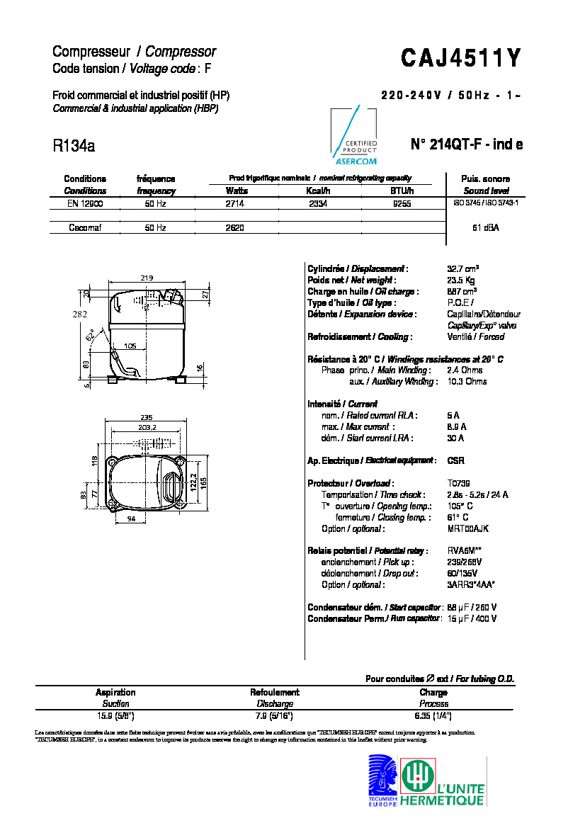 Технические характеристики и размеры компрессора Tecumseh CAJ4511Y