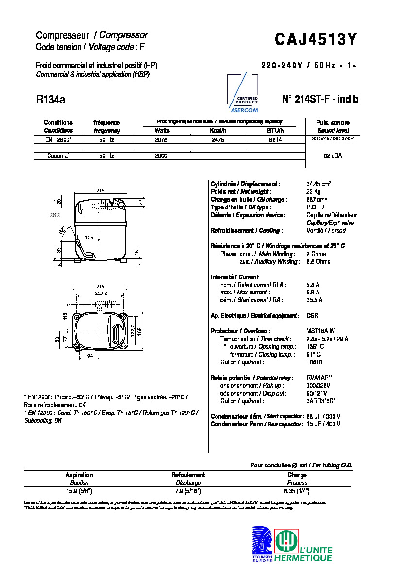 Технические характеристики и размеры компрессора Tecumseh CAJ4513Y