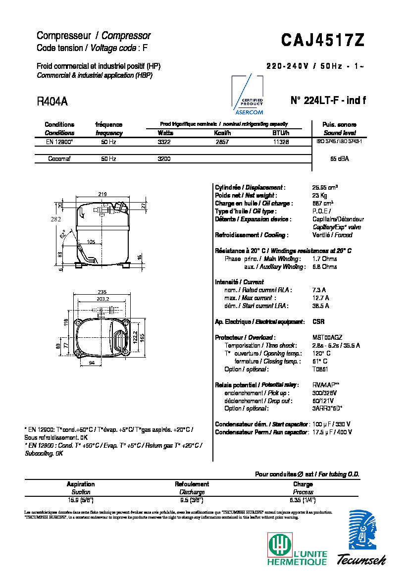 Технические характеристики и размеры компрессора Tecumseh  CAJ4517Z 