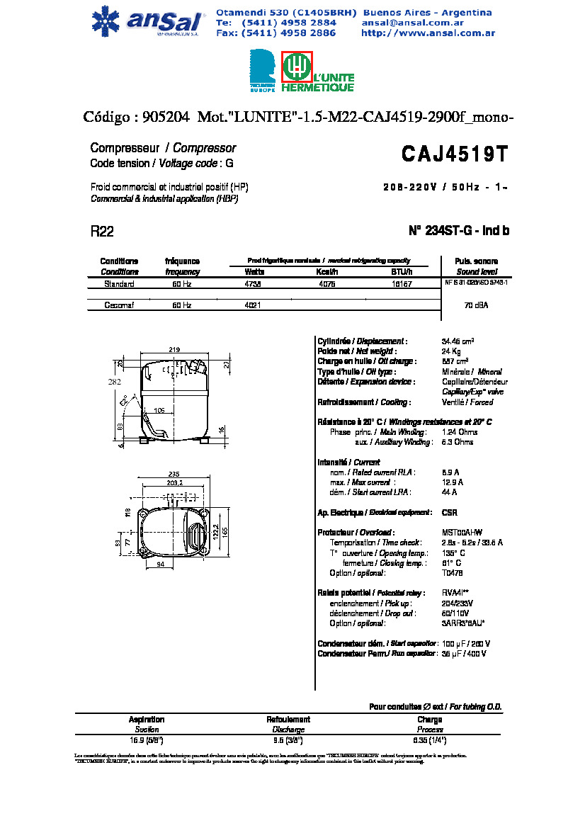 Технические характеристики и размеры компрессора Tecumseh CAJ4519T