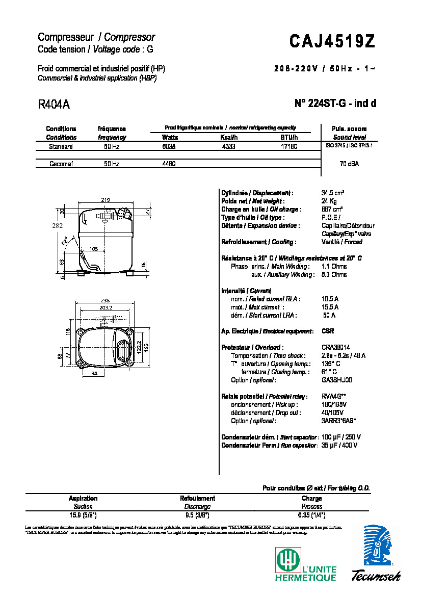 Технические характеристики и размеры компрессора Tecumseh  CAJ4519Z