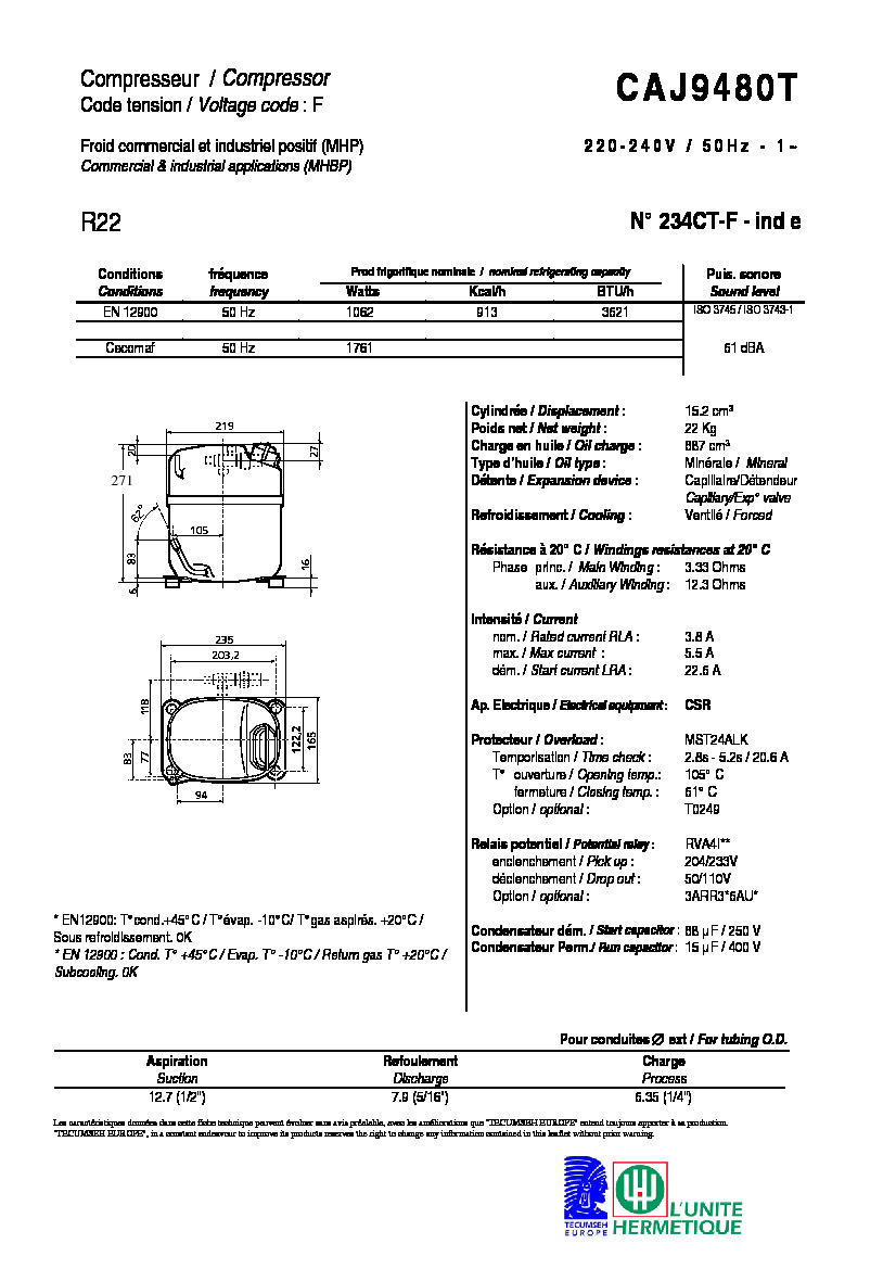Технические характеристики и размеры компрессора Tecumseh CAJ9480T
