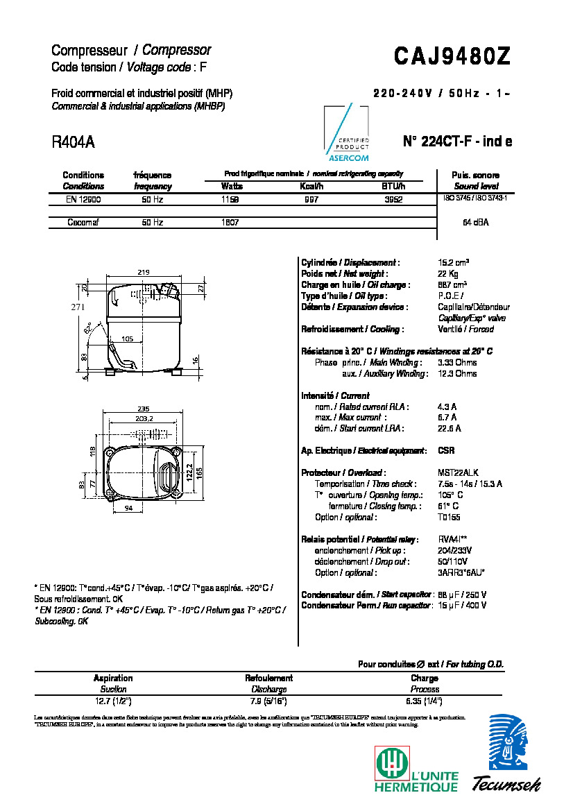 Технические характеристики и размеры компрессора Tecumseh CAJ9480Z