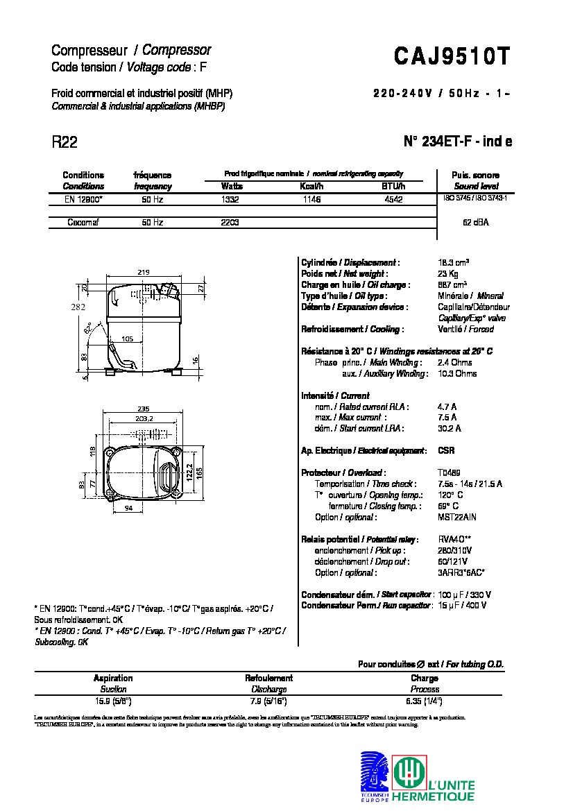 Технические характеристики и размеры компрессора Tecumseh CAJ9510T