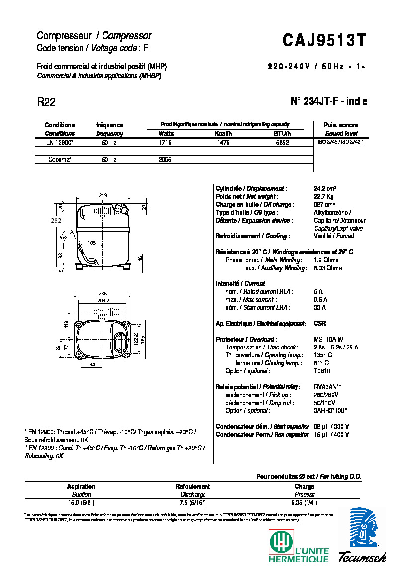 Технические характеристики и размеры компрессора Tecumseh CAJ9513T
