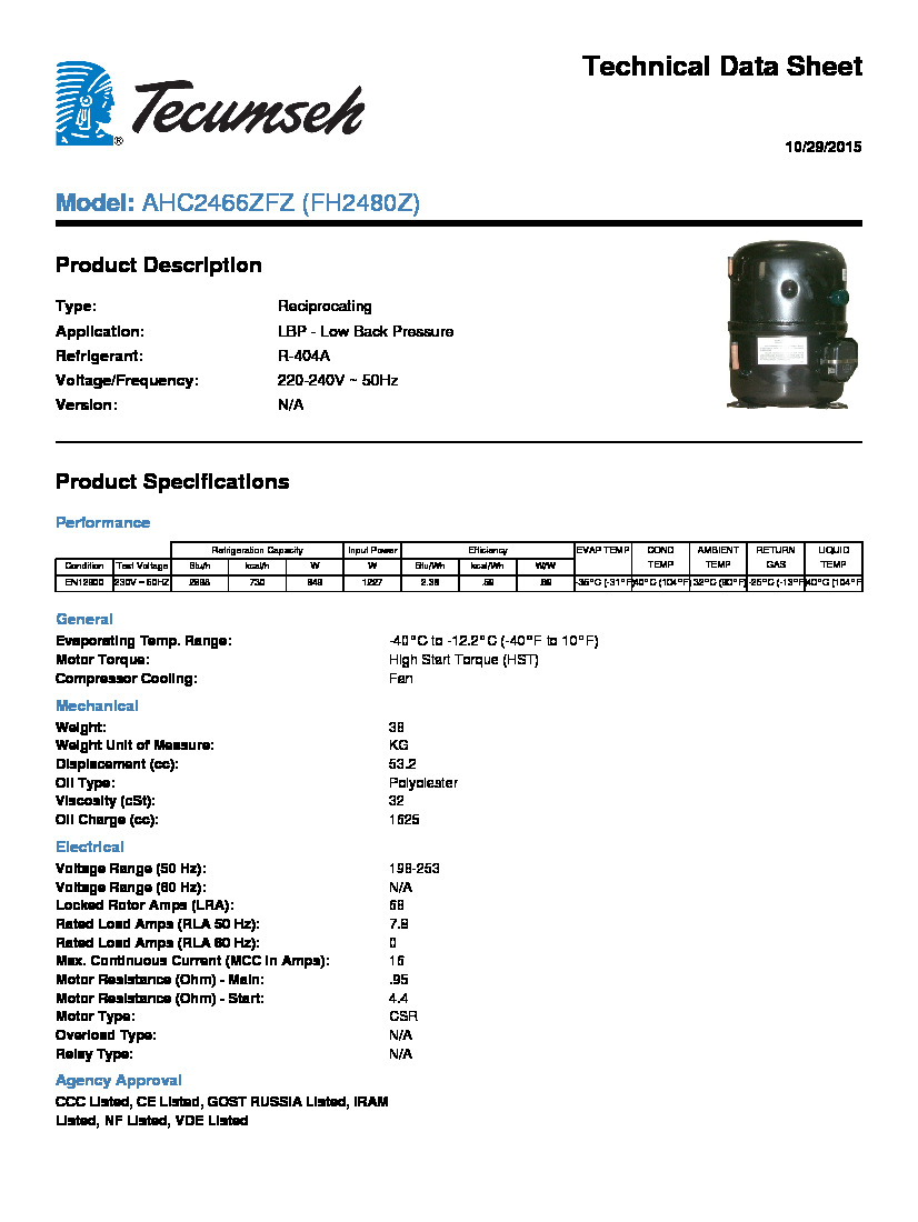 Технические характеристики и размеры компрессора Tecumseh FH2480Z