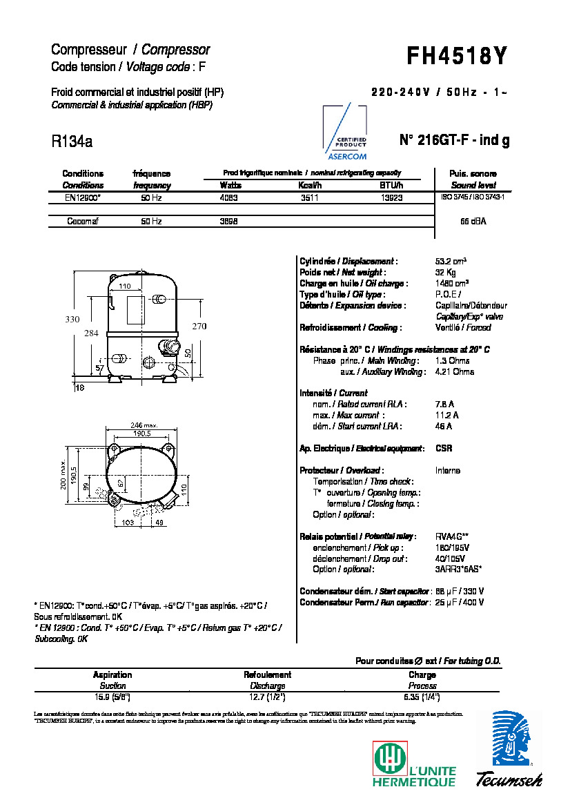 Технические характеристики и размеры компрессора Tecumseh FH4518Y