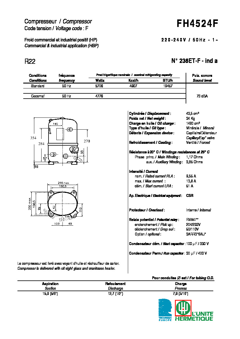 Технические характеристики и размеры компрессора Tecumseh FH4524F