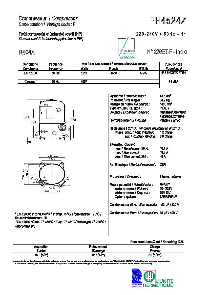 Технические характеристики и размеры компрессора Tecumseh  FH4524Z