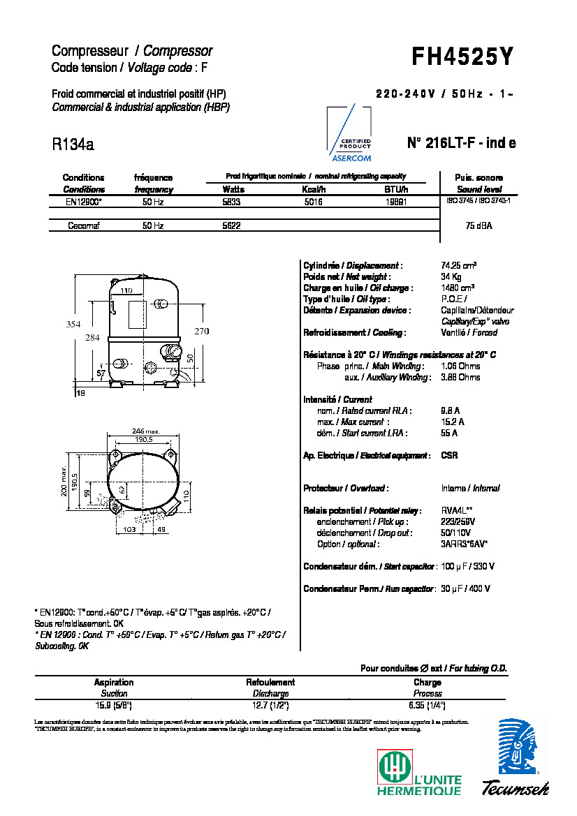 Технические характеристики и размеры компрессора Tecumseh FH4525Y