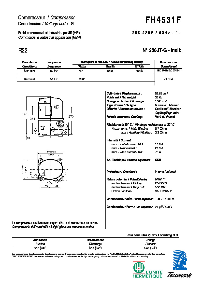 Технические характеристики и размеры компрессора Tecumseh FH4531F