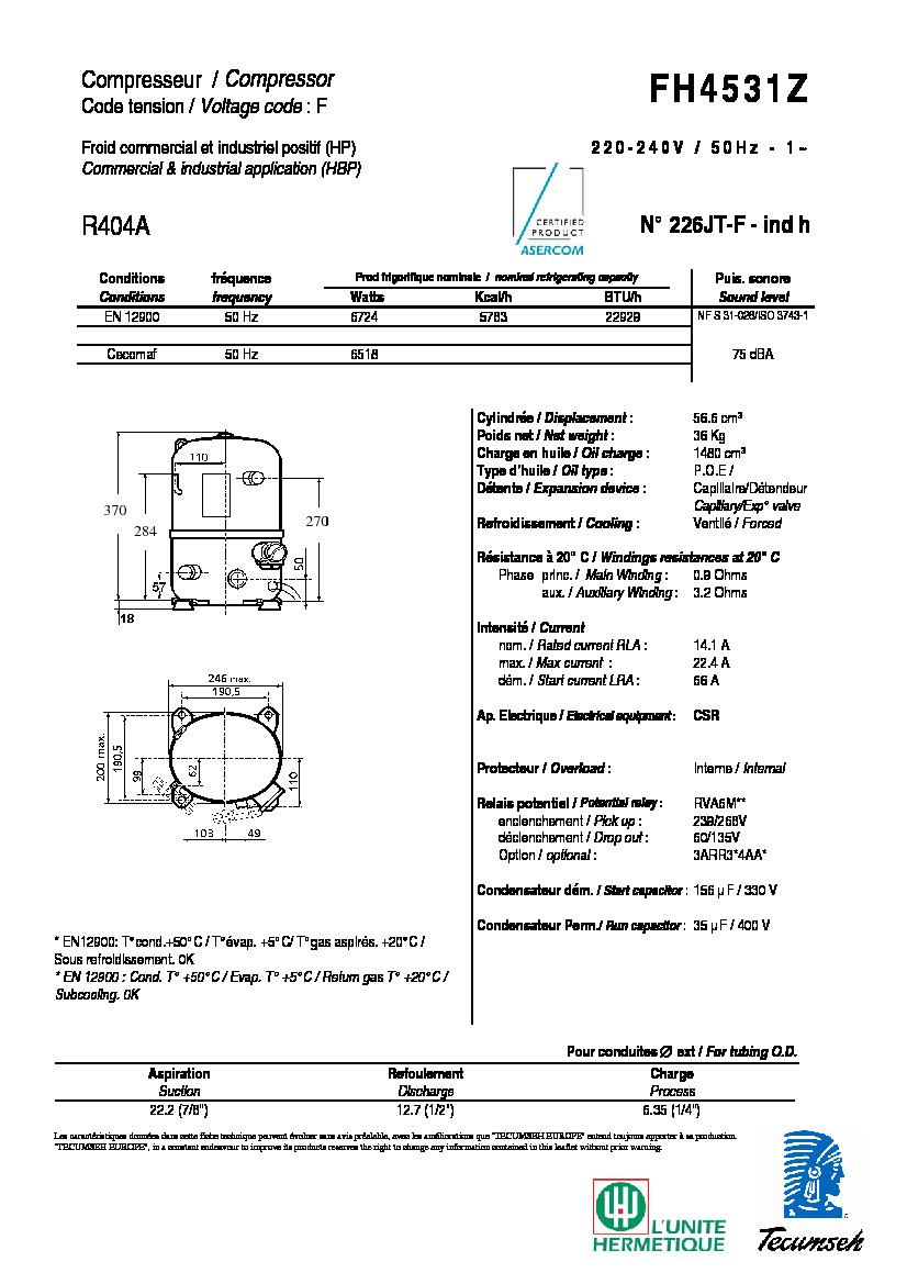 Технические характеристики и размеры компрессора Tecumseh  FH4531Z
