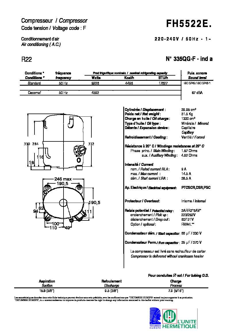 Технические характеристики и размеры компрессора Tecumseh FH5522E