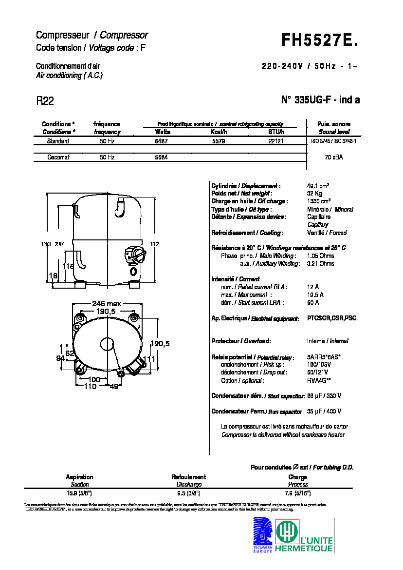 Технические характеристики и размеры компрессора Tecumseh FH5527E