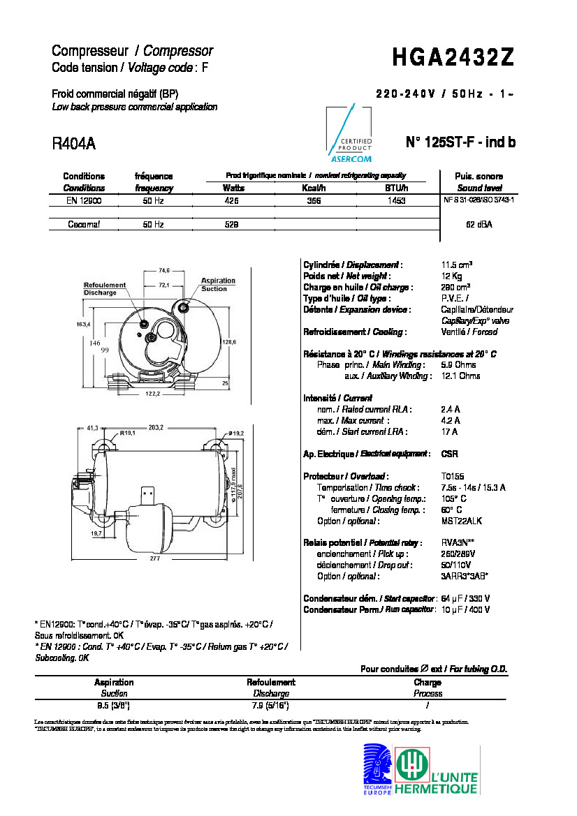 Технические характеристики и размеры компрессора Tecumseh HGA2432Z