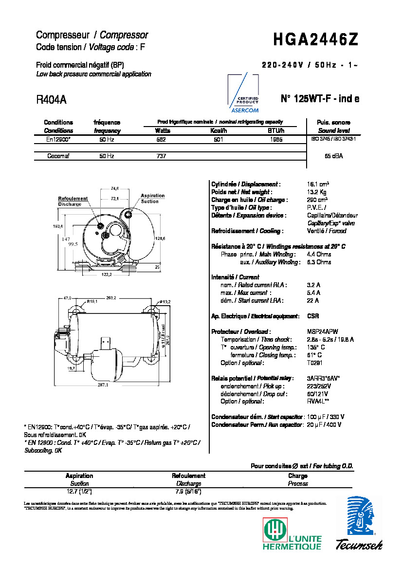Технические характеристики и размеры компрессора Tecumseh HGA2446Z