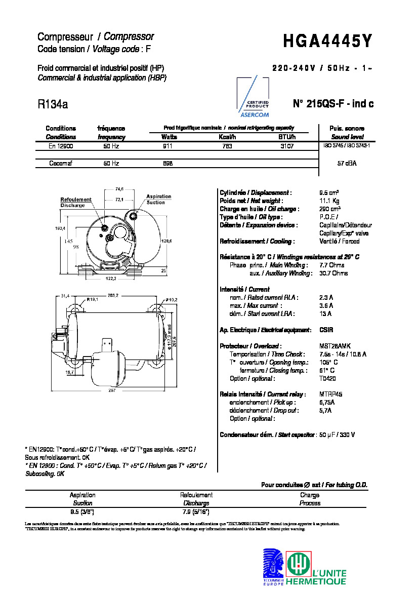 Технические характеристики и размеры компрессора Tecumseh HGA4445Y