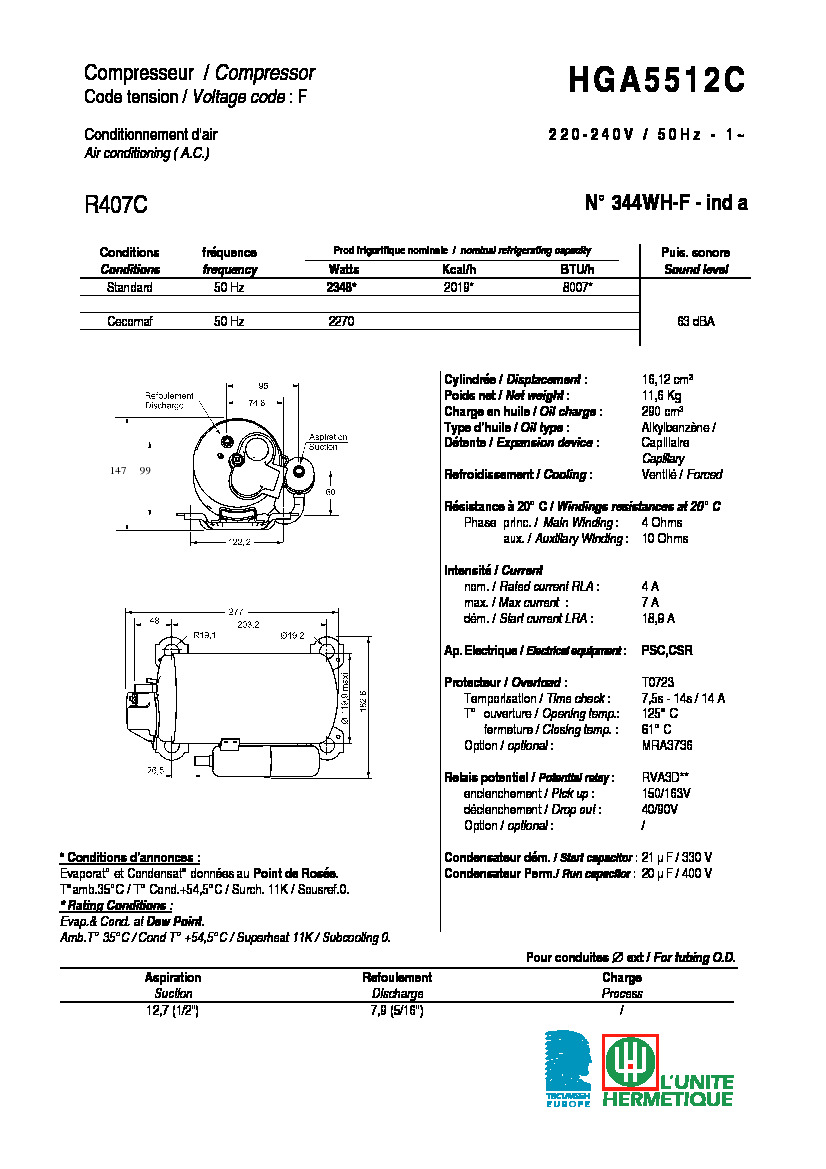 Технические характеристики и размеры компрессора Tecumseh HGA5512C