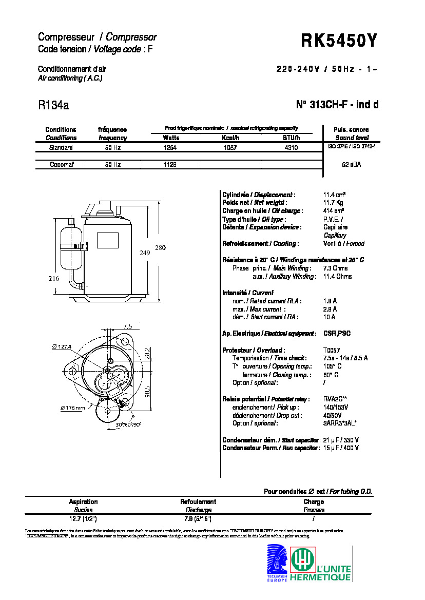 Технические характеристики и размеры компрессора Tecumseh RK5450Y