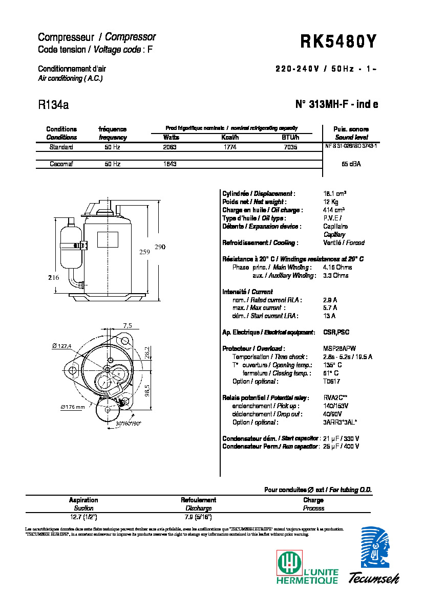 Технические характеристики и размеры компрессора Tecumseh RK5480Y
