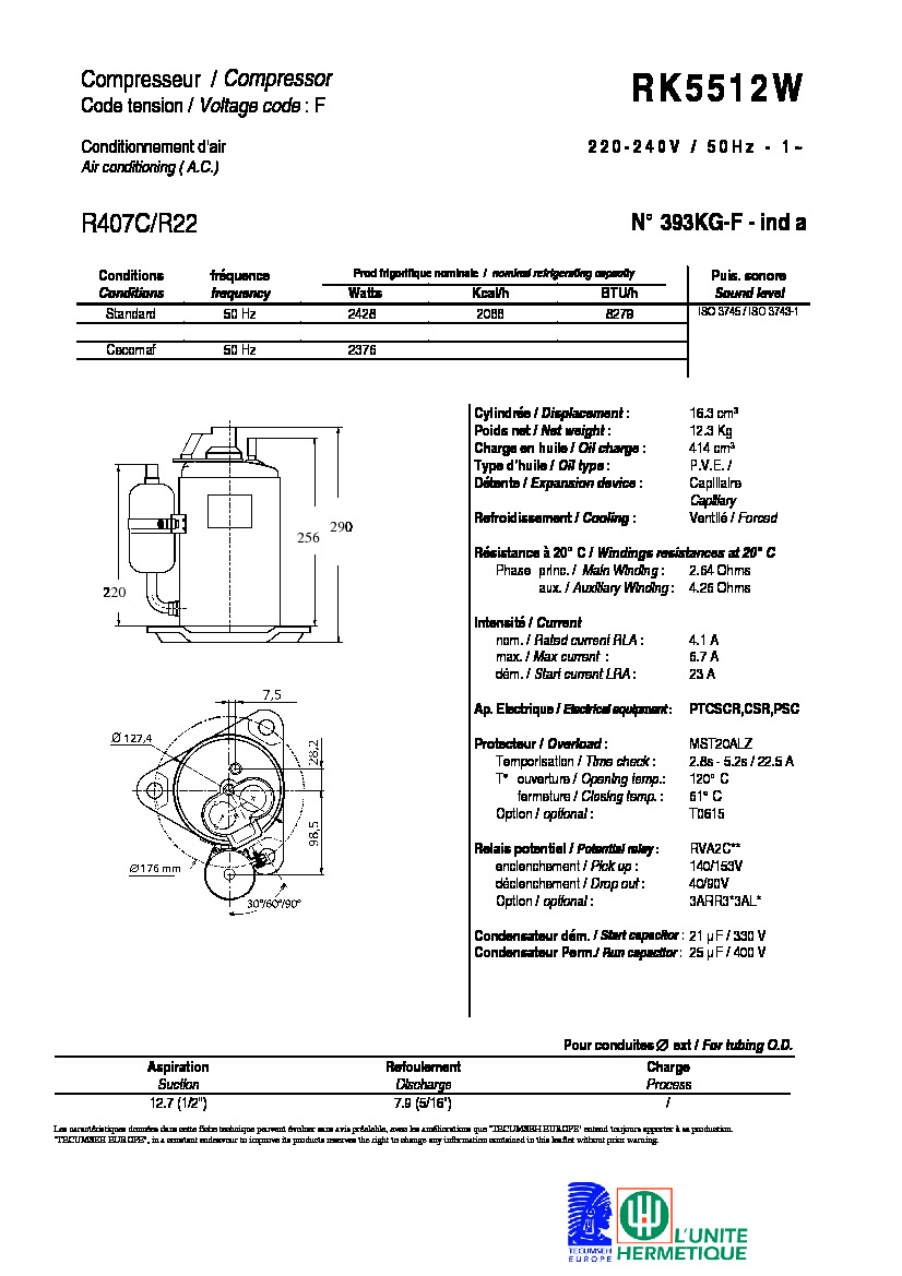 Технические характеристики и размеры компрессора Tecumseh RK5512W