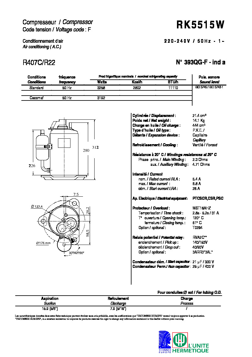 Технические характеристики и размеры компрессора Tecumseh RK5515W
