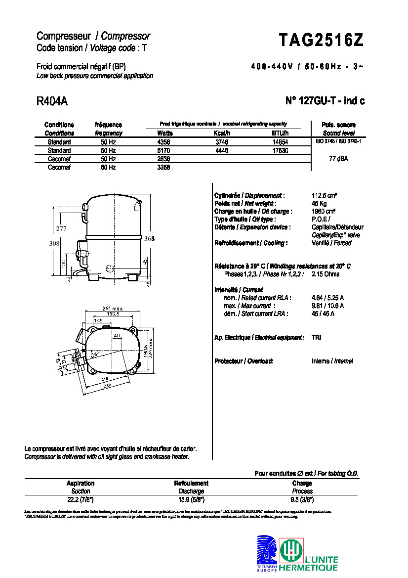 Технические характеристики и размеры компрессора Tecumseh TAG2516Z