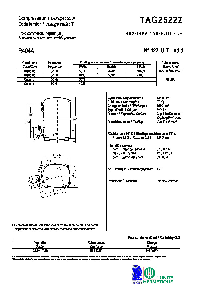 Технические характеристики и размеры компрессора Tecumseh TAG2522Z