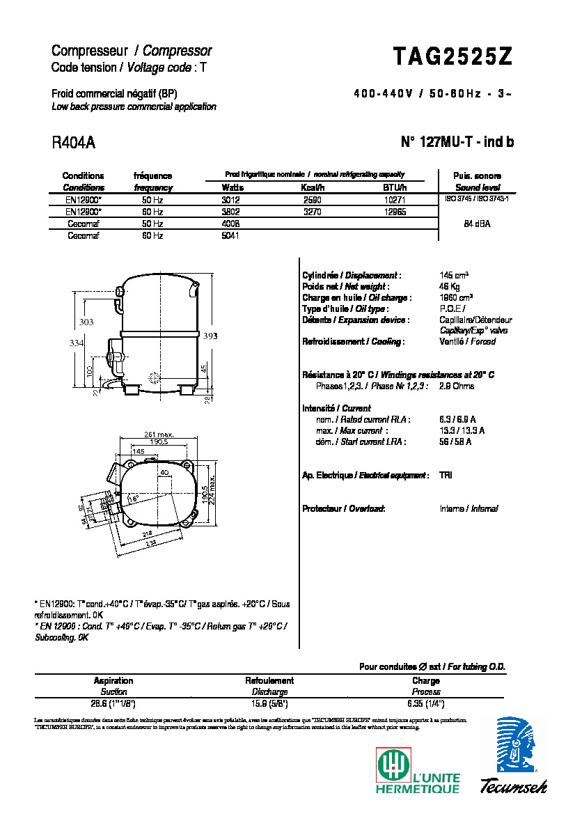 Технические характеристики и размеры компрессора Tecumseh TAG2525Z