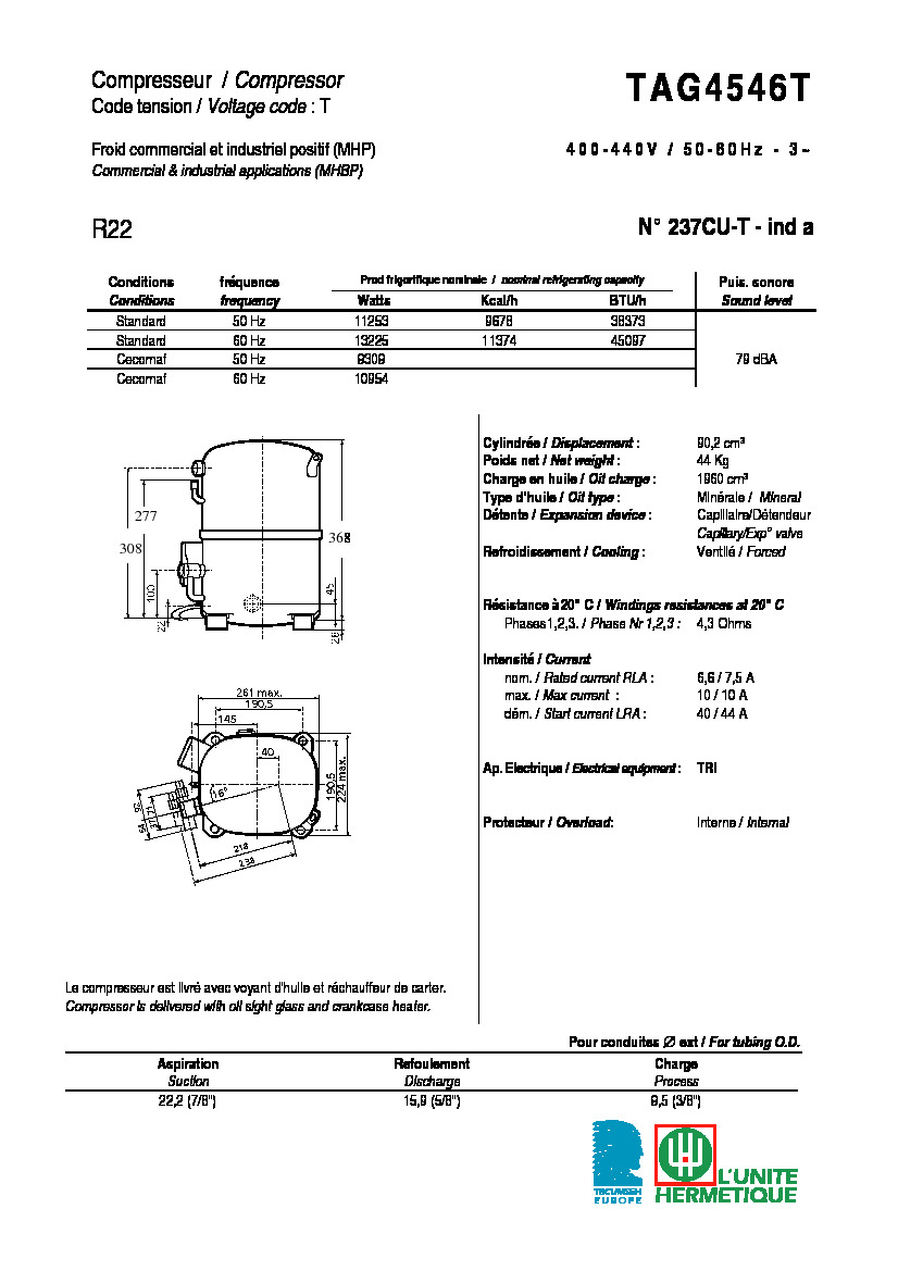 Технические характеристики и размеры компрессора Tecumseh TAG4546T
