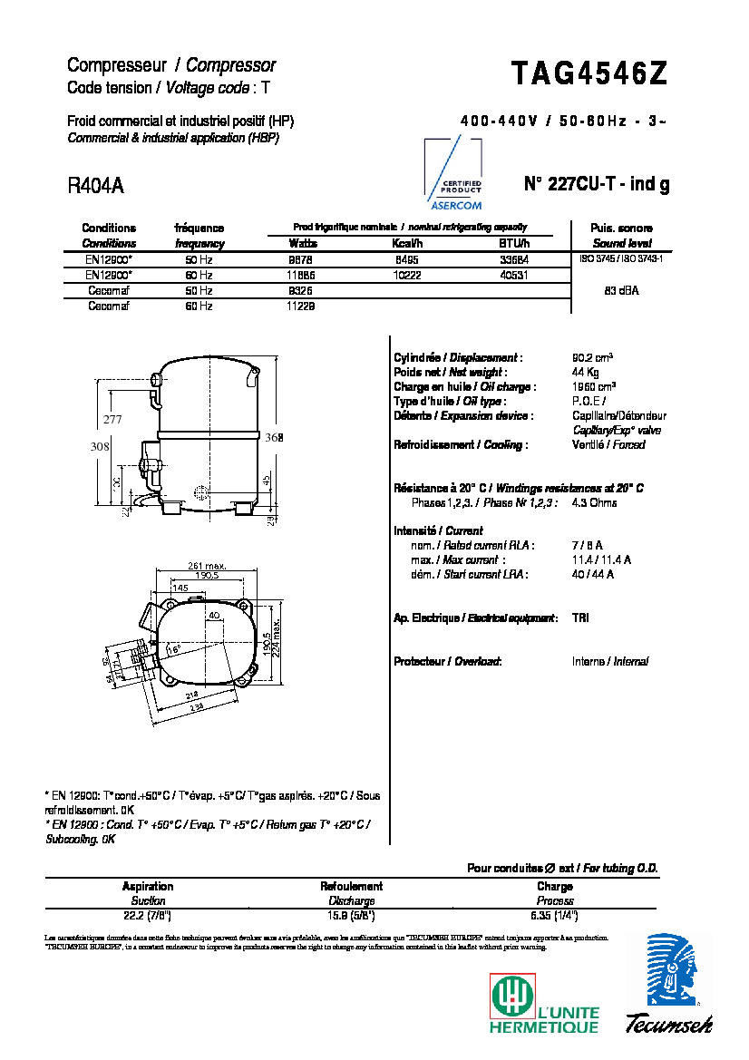 Технические характеристики и размеры компрессора Tecumseh  TAG4546Z