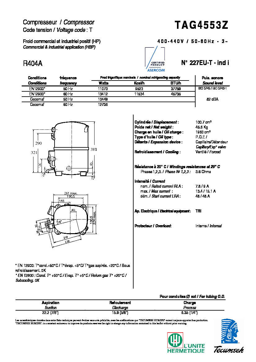 Технические характеристики и размеры компрессора Tecumseh  TAG4553Z