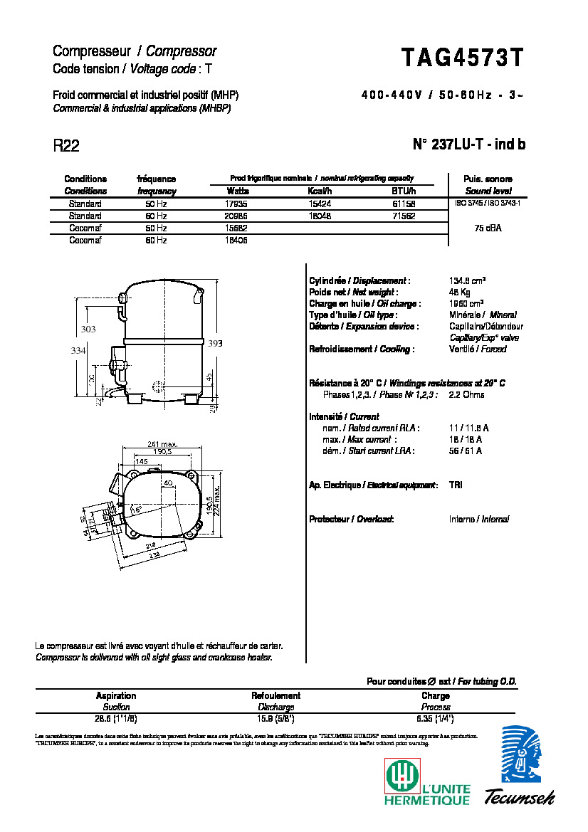 Технические характеристики и размеры компрессора Tecumseh TAG4573T