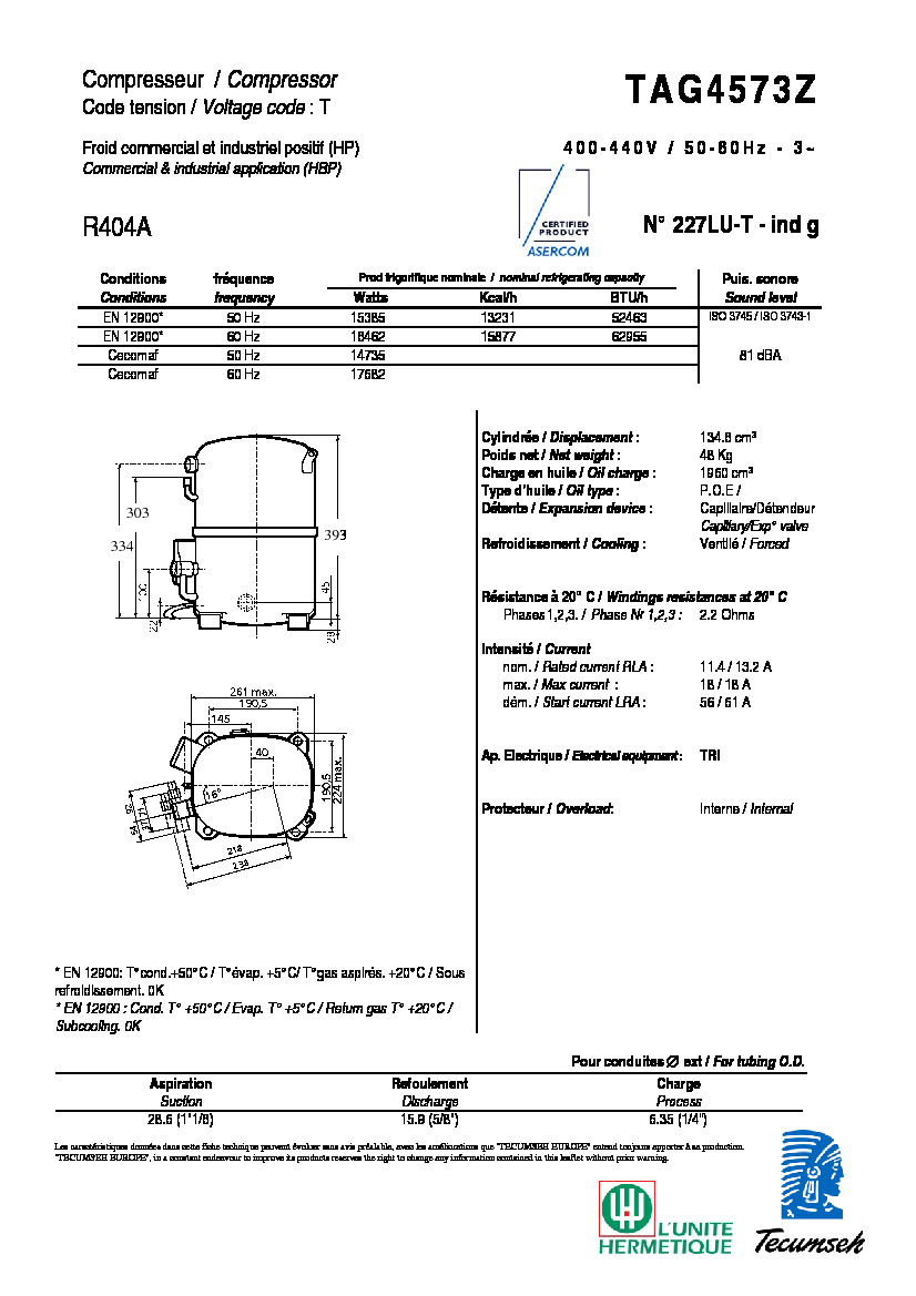 Технические характеристики и размеры компрессора Tecumseh  TAG4573Z