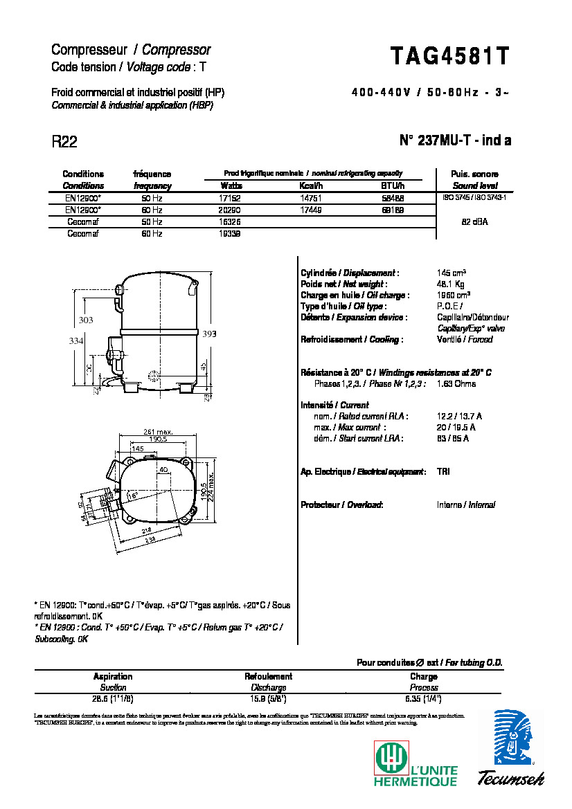 Технические характеристики и размеры компрессора Tecumseh TAG4581T