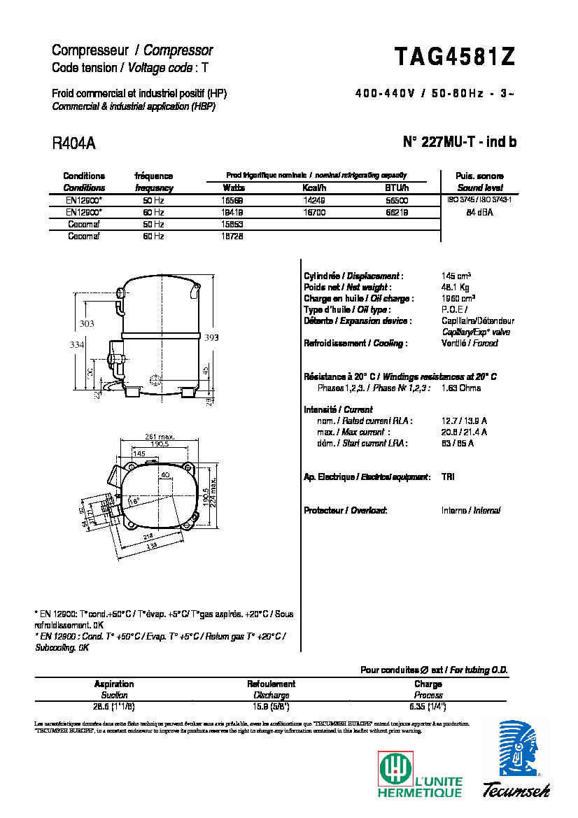 Технические характеристики и размеры компрессора Tecumseh  TAG4581Z