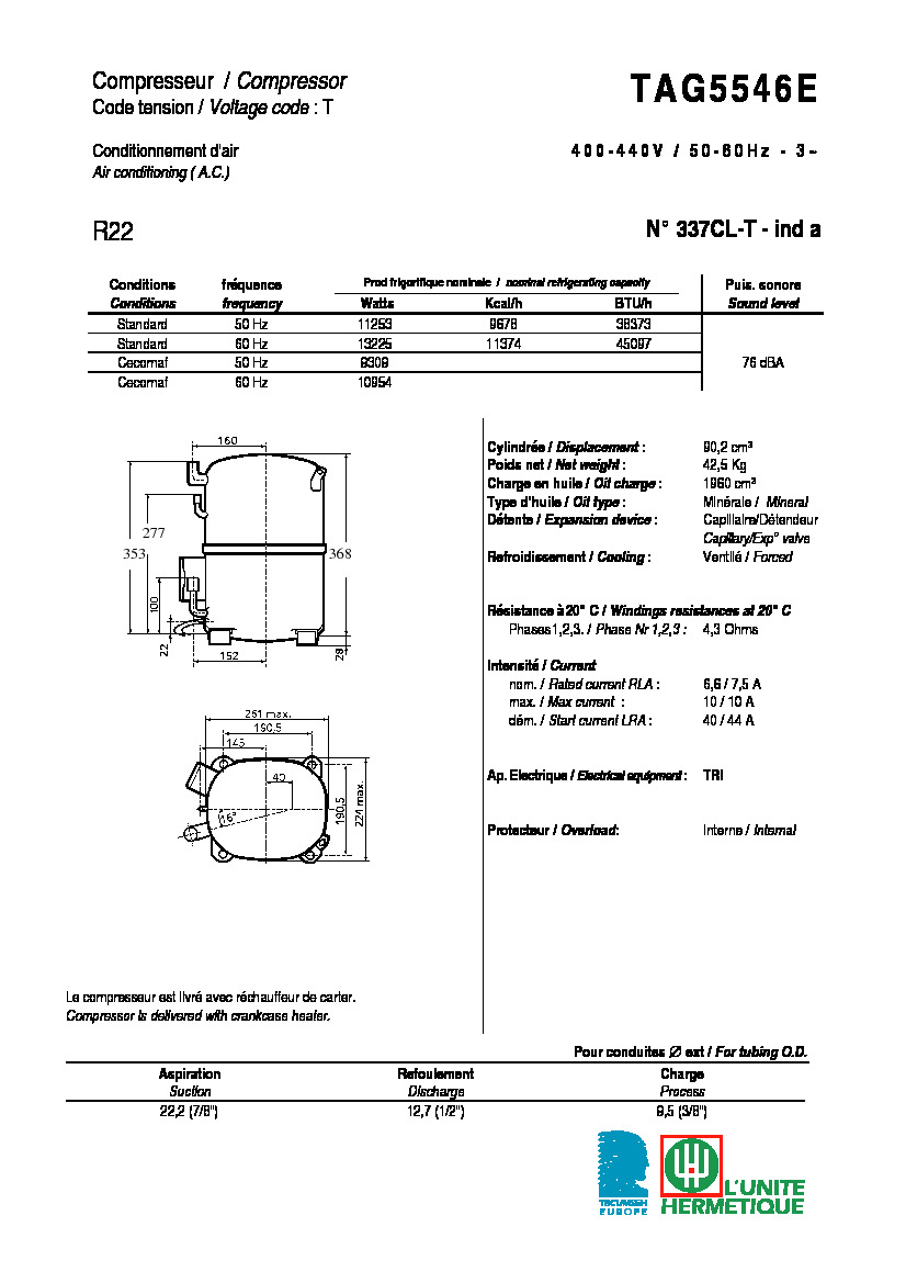 Технические характеристики и размеры компрессора Tecumseh TAG5546E
