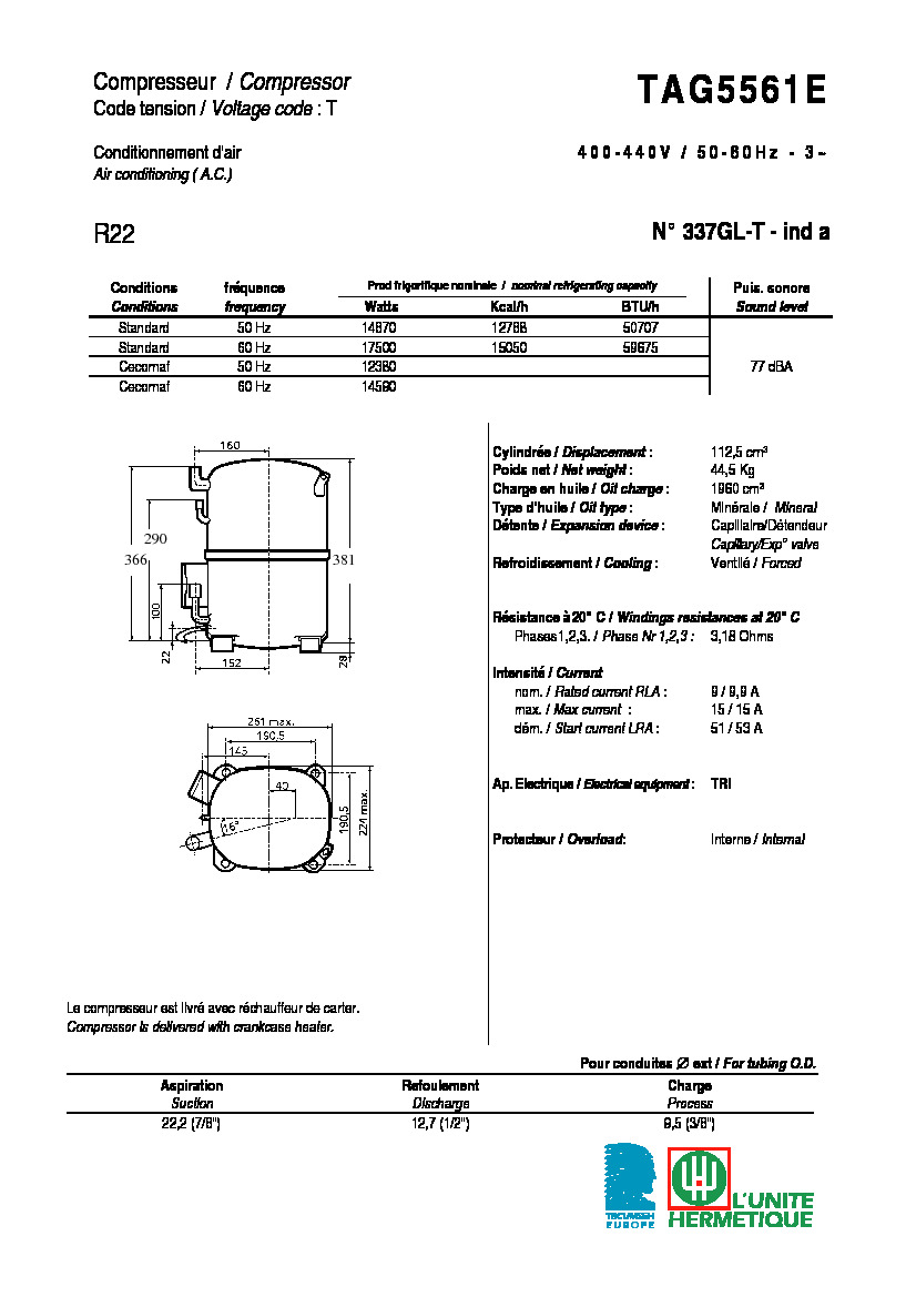 Технические характеристики и размеры компрессора Tecumseh TAG5561E