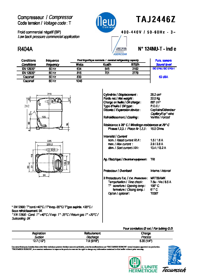 Технические характеристики и размеры компрессора Tecumseh TAJ2446Z