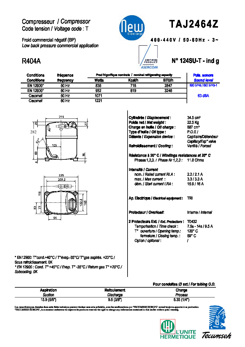 Технические характеристики и размеры компрессора Tecumseh TAJ2464Z