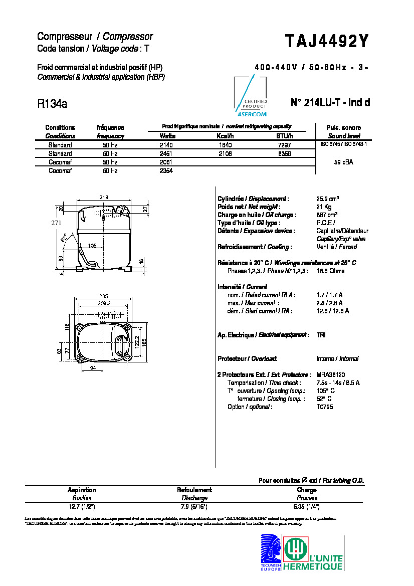 Технические характеристики и размеры компрессора Tecumseh TAJ4492Y