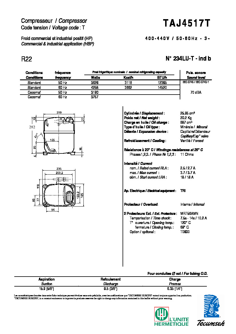 Технические характеристики и размеры компрессора Tecumseh TAJ4517T