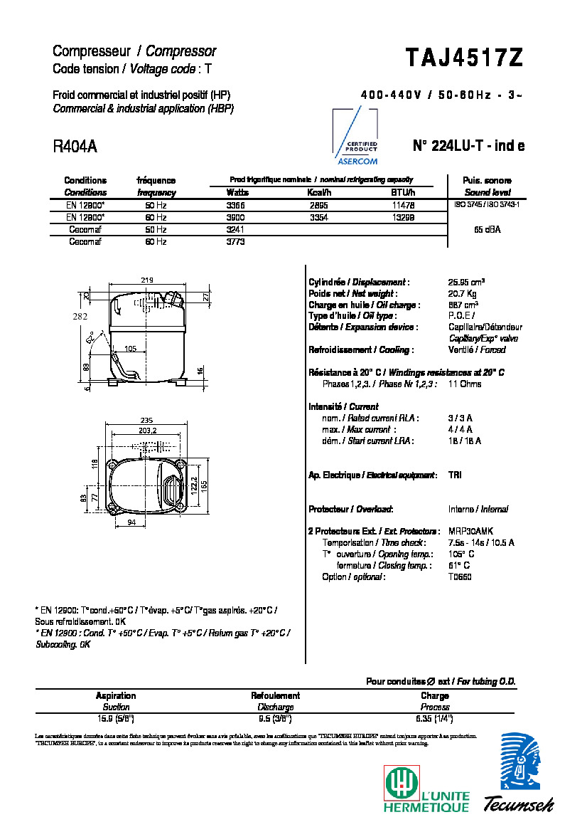 Технические характеристики и размеры компрессора Tecumseh  TAJ4517Z