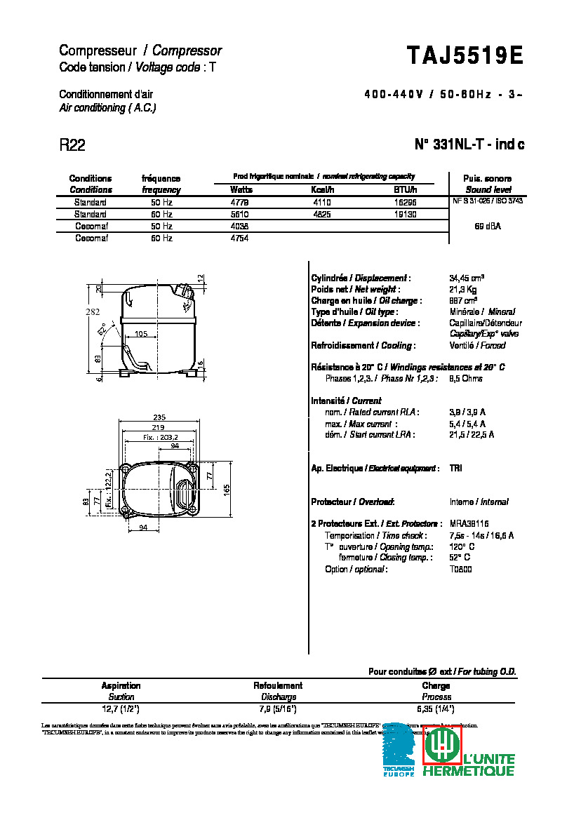 Технические характеристики и размеры компрессора Tecumseh TAJ5519E