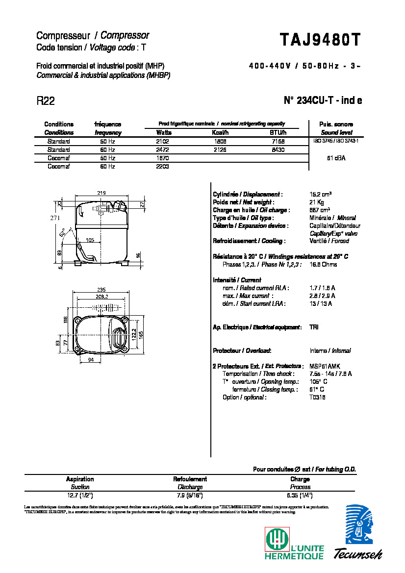 Технические характеристики и размеры компрессора Tecumseh TAJ9480T