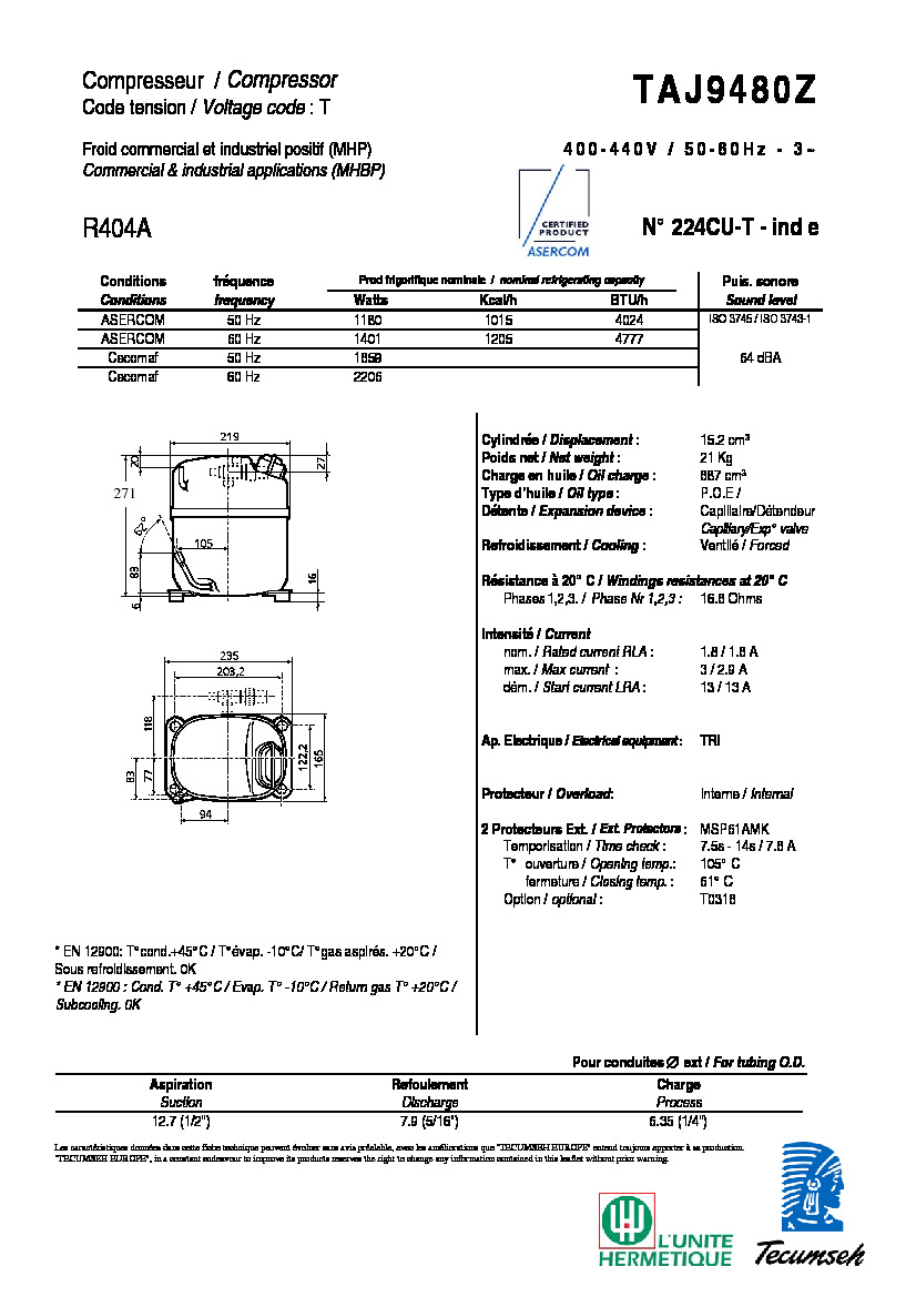 Технические характеристики и размеры компрессора Tecumseh TAJ9480Z