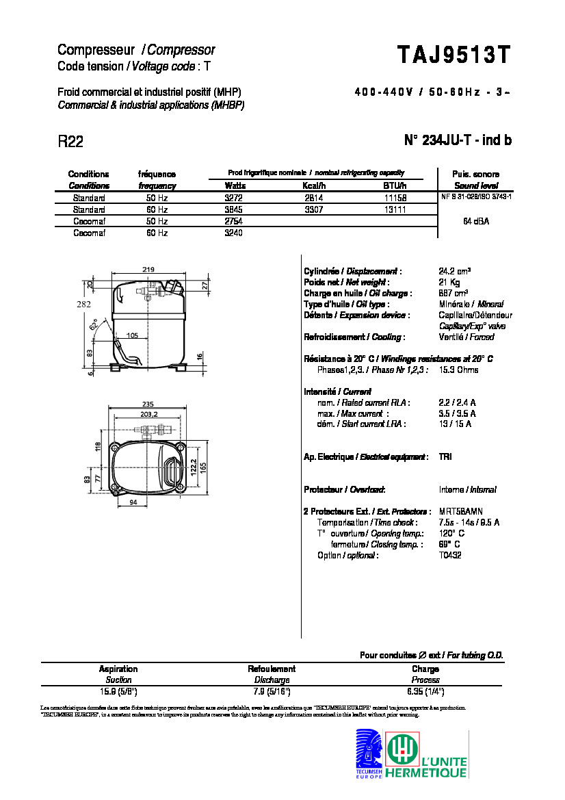 Технические характеристики и размеры компрессора Tecumseh TAJ9513T