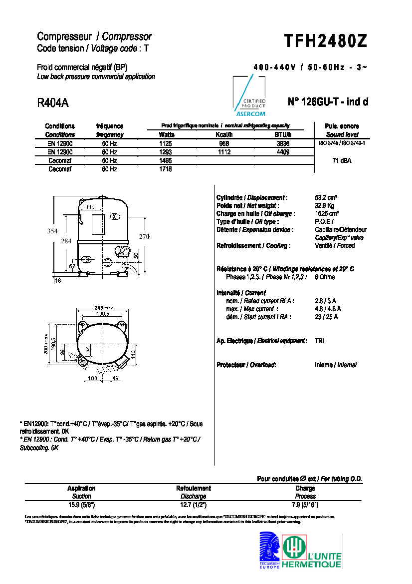 Технические характеристики и размеры компрессора Tecumseh TFH2480Z